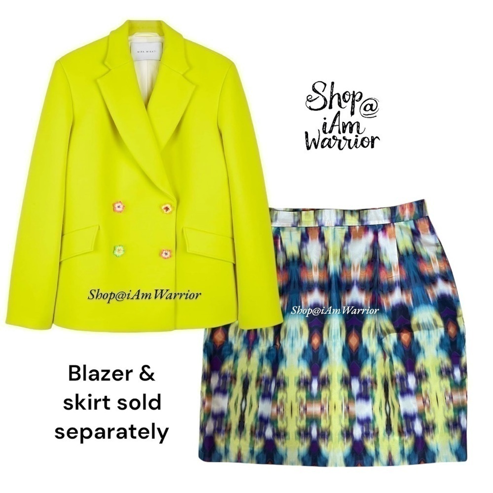 Mira Mikati neon yellow double breasted scuba blazer w/ ceramic floral buttons - Picture 6 of 9
